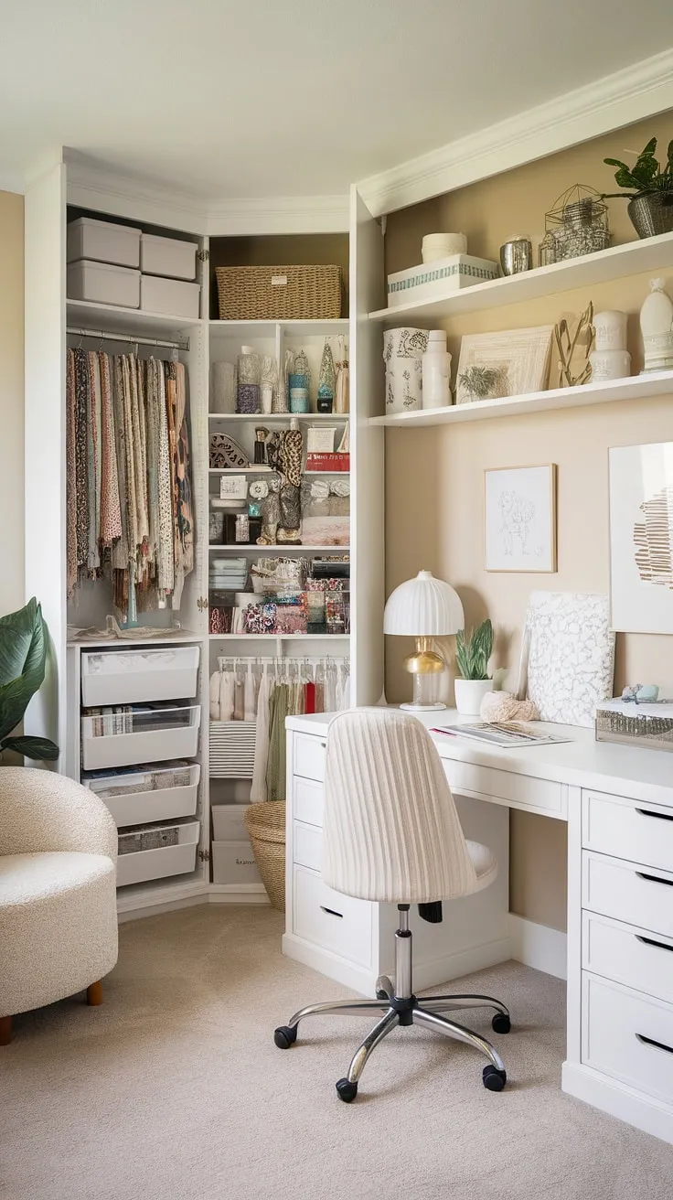 My office craft room combo is complete!  This craft room design, featuring a white desk and a dedicated craft room closet, is the perfect blend of functionality and style.  From sewing supplies to decorative items, everything has its place.  The One Room Challenge was a rewarding experience, and this dream craft room is proof that hard work pays off.