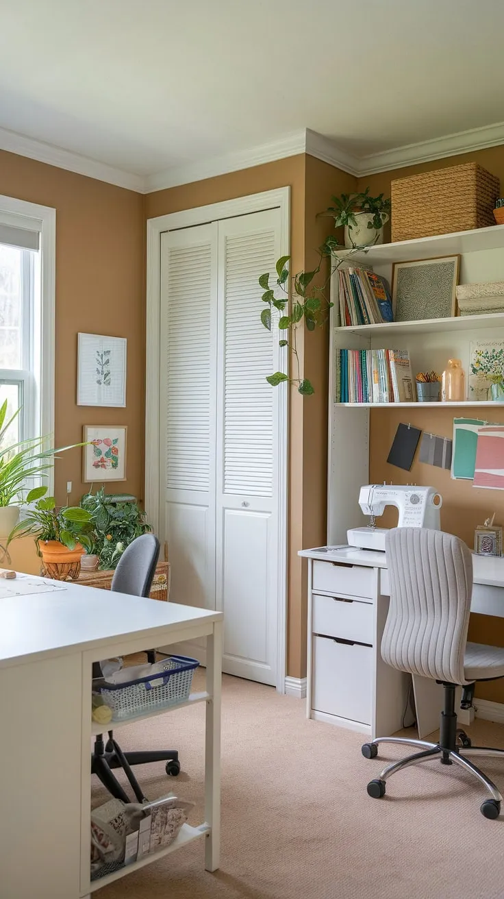This home office craft room combo is my happy place!  The white desk, perfectly organized craft room closet, and abundant natural light make this craft space a dream craft room come true.  This week's One Room Challenge progress shows how a little design can transform a room.  The sewing room design is almost complete, and I'm loving the results.