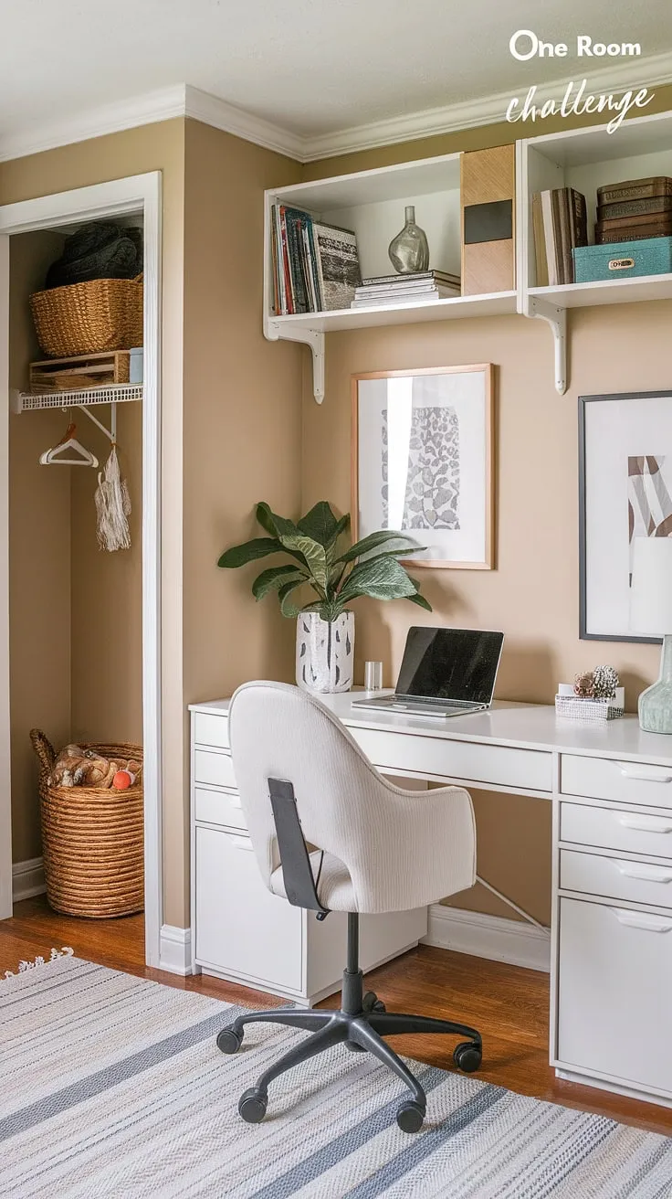 My dream craft room is finally a reality! This home office craft room combo, born from the One Room Challenge challenge week, perfectly blends productivity and creativity.  The white desk provides the perfect workspace, while the craft room closet keeps my supplies organized.  This craft room design, including the sewing room design elements, is my happy place.
