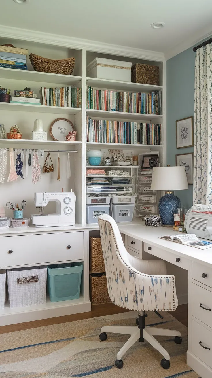 My office craft room combo is finally complete!  This craft room design, featuring a white desk and a dedicated craft room closet, is everything I dreamed of.  From the sewing machines to the overflowing bookshelf, it's the ultimate craft space.  The One Room Challenge pushed me to create this sewing room design, and I'm thrilled with the results – Challenge Week success! This is truly my dream craft room.