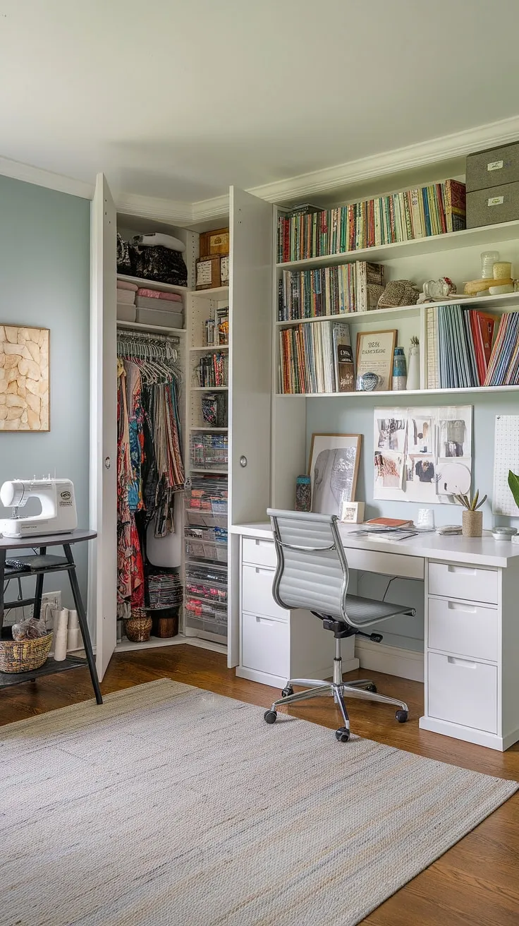 My dream craft room is finally a reality! This home office craft room combo, born from the One Room Challenge, is my happy place.  The white desk anchors the space, while the craft room closet and nearby sewing room design elements keep everything organized.  This craft space is the perfect blend of function and creativity – a testament to successful craft room design.  Challenge week was intense, but the result is worth it.