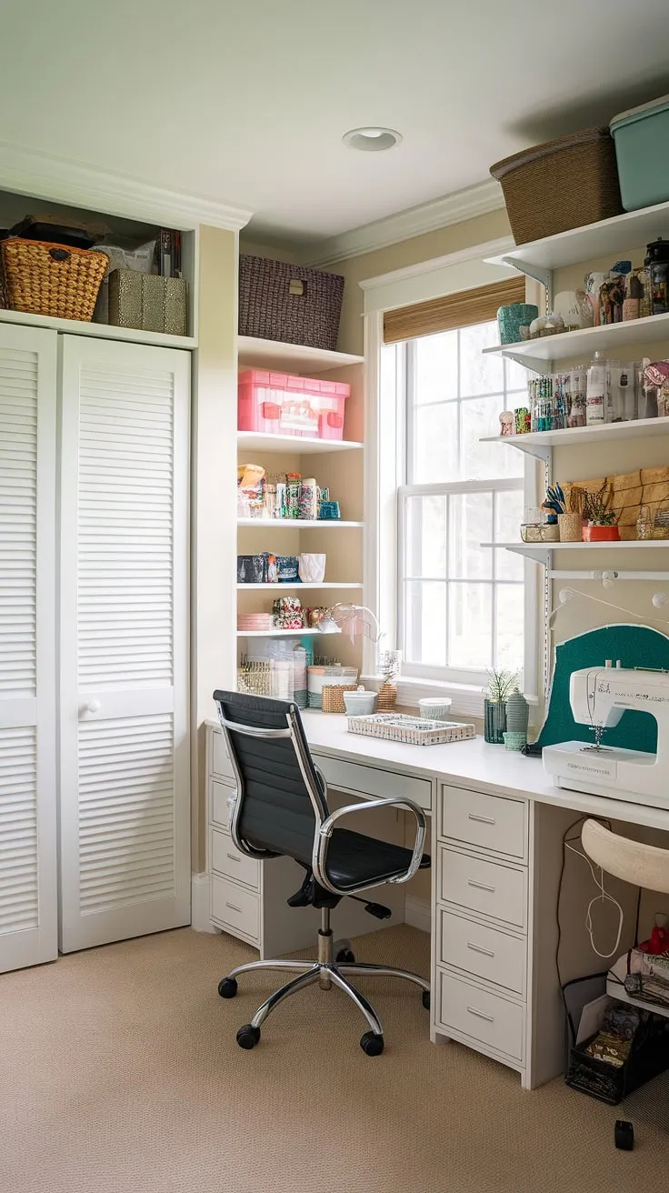My dream craft room is finally a reality! This home office craft room combo, born from the One Room Challenge, is my happy place.  The white desk is perfect for both work and crafting, the craft room closet keeps everything organized, and the sewing machine is always ready for my next project. This craft room design, complete with dedicated craft space, is the result of weeks of hard work and planning – challenge week was intense, but so worth it!
