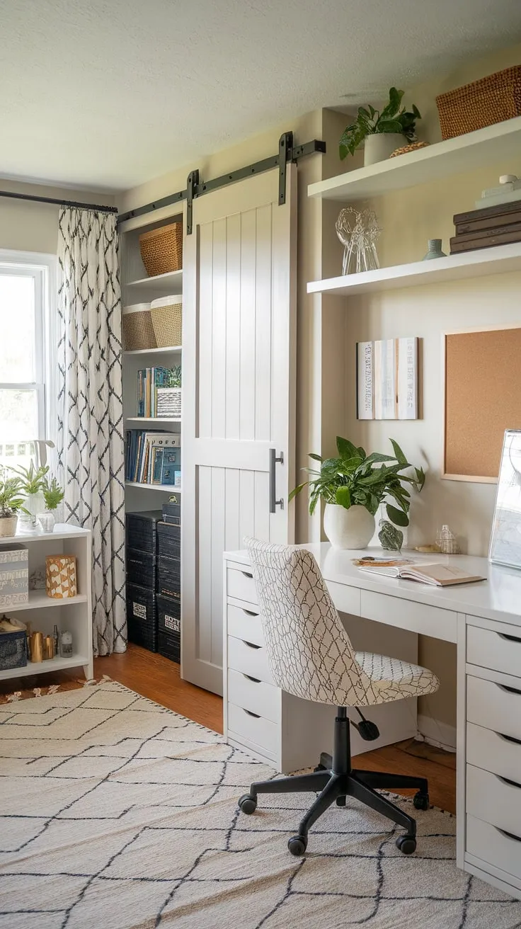 This home office craft room combo is my happy place!  The white desk, craft room closet with its sliding barn door, and dedicated craft space make this dream craft room a reality.  This week's One Room Challenge progress shows how even a small space can be transformed into a functional and stylish sewing room design.