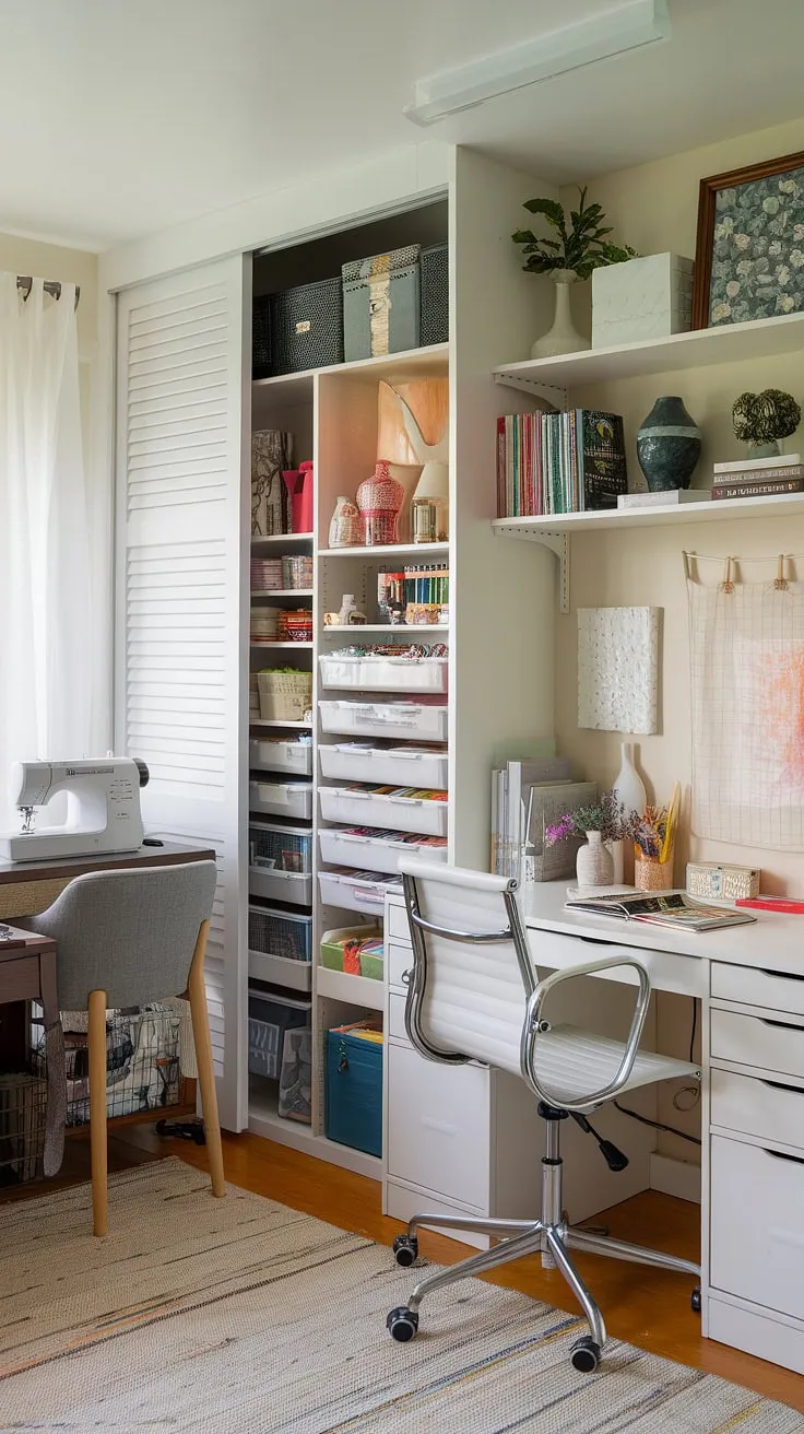 My home office craft room combo is finally complete!  This dream craft room, born from the One Room Challenge, is my happy place.  The white desk provides the perfect workspace, while the craft room closet keeps everything organized.  Challenge week was intense, but the sewing room design and overall craft space are exactly what I envisioned.