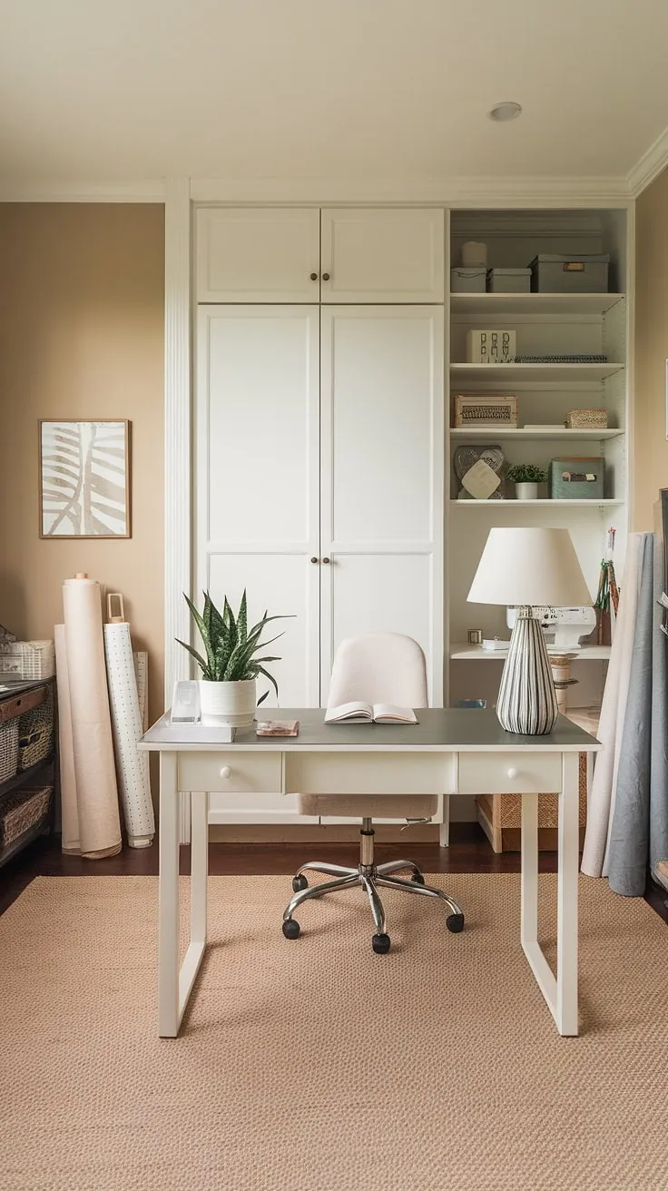 This home office craft room combo is my happy place!  The white desk provides the perfect workspace, while the craft room closet keeps everything organized.  This craft room design, born from a One Room Challenge, is my dream craft room—a sewing room design I'm incredibly proud of.  Challenge week was intense, but the result is a functional and beautiful craft space.