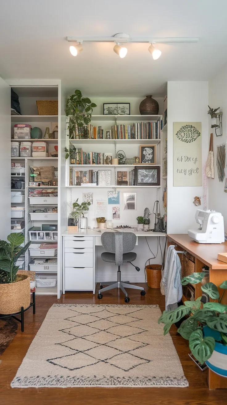 This home office craft room combo is my happy place!  The white desk provides the perfect workspace, while the craft room closet and dedicated sewing machine area keep my creative supplies organized. This craft room design was a labor of love, a true dream craft room born from this week's One Room Challenge.  The challenge week pushed me to create the ultimate craft space.