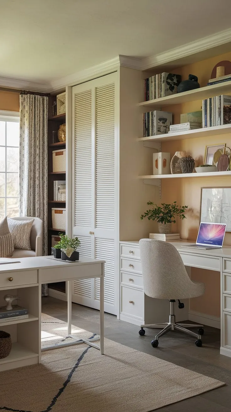 This home office playroom combo seamlessly blends work and play. The loft playroom adds a touch of whimsy, while the playroom desk provides a dedicated kids study space. Perfect for homeschool room decor or a guest room playroom, this space cleverly utilizes every inch, even making a boys shared room feel spacious and fun.
