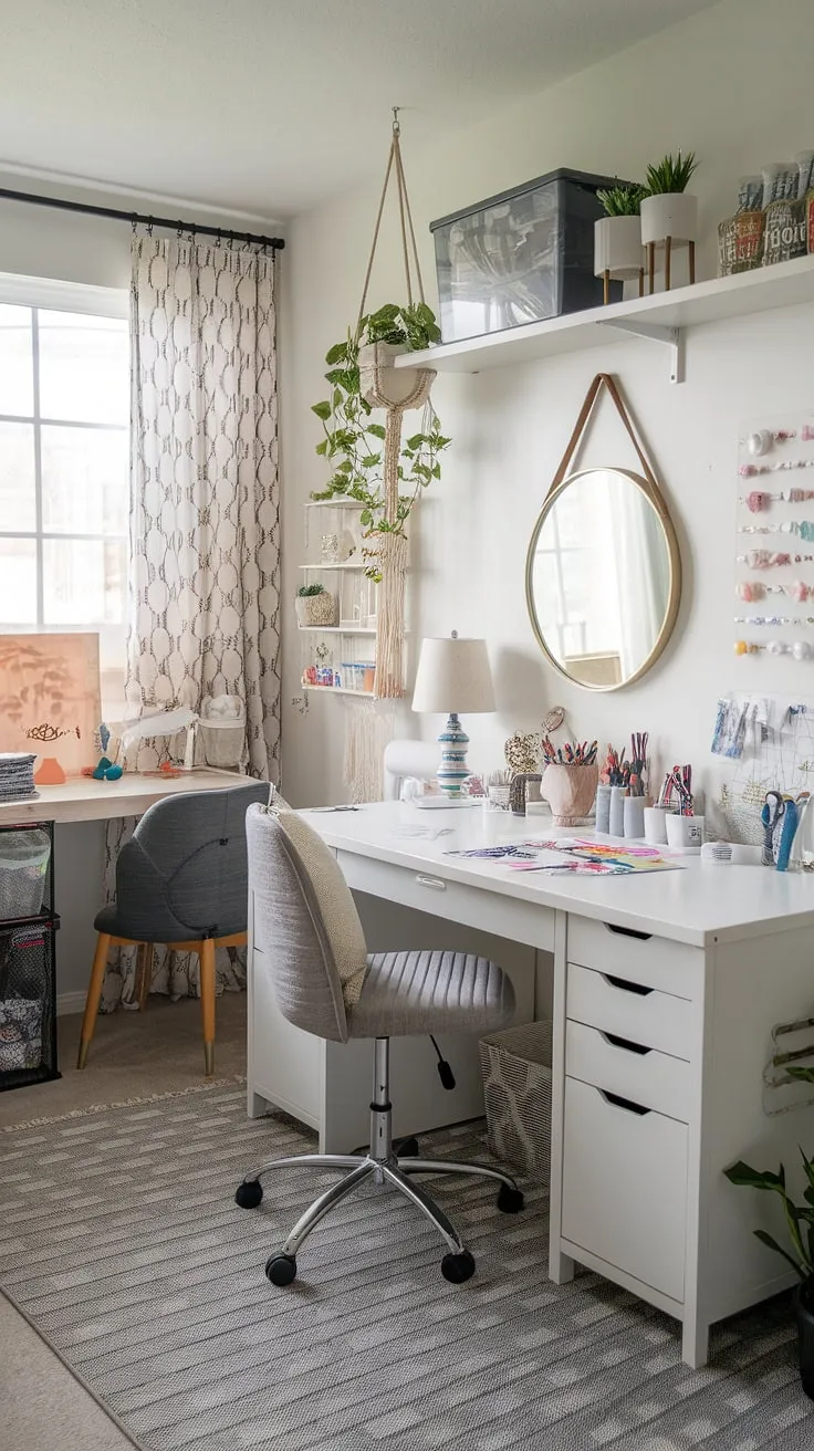 Clever design maximizes space in this office playroom combo.  The playroom desk anchors the kids study spaces, while the loft playroom adds an element of fun.  Perfect for a boys shared room, it even includes a guest room playroom – a versatile and stylish homeschool room decor solution.