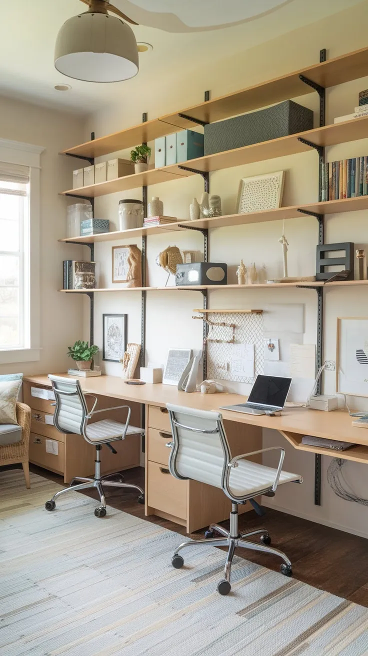 A bonus room transforms into a compact yet functional home office and craft space, ideal for multi-purpose living.