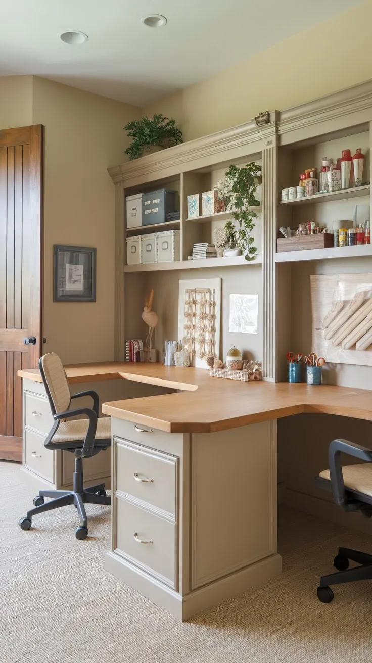 A beige-toned home office craft room boasts a U-shaped desk, perfect for crafting and work, complete with ample supplies and a calming atmosphere