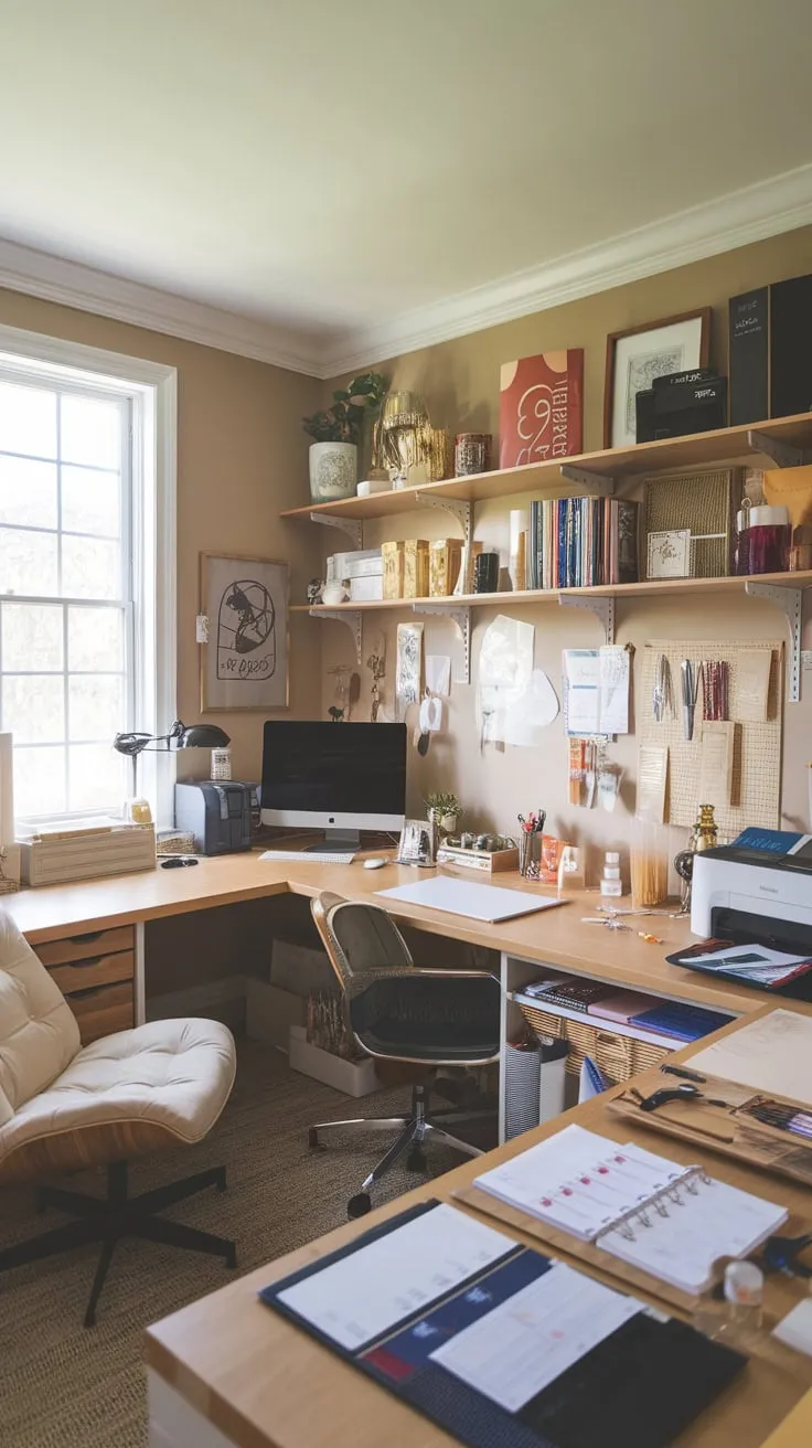 A sunny craft room combines a U-shaped workspace, office equipment, and crafting materials in a relaxing beige haven.
