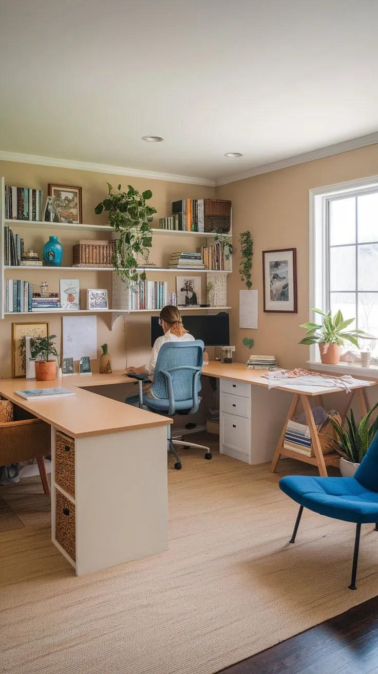 A woman works amidst books, fabrics, and plants in a serene beige craft room featuring a U-shaped desk and relaxing lounge area.