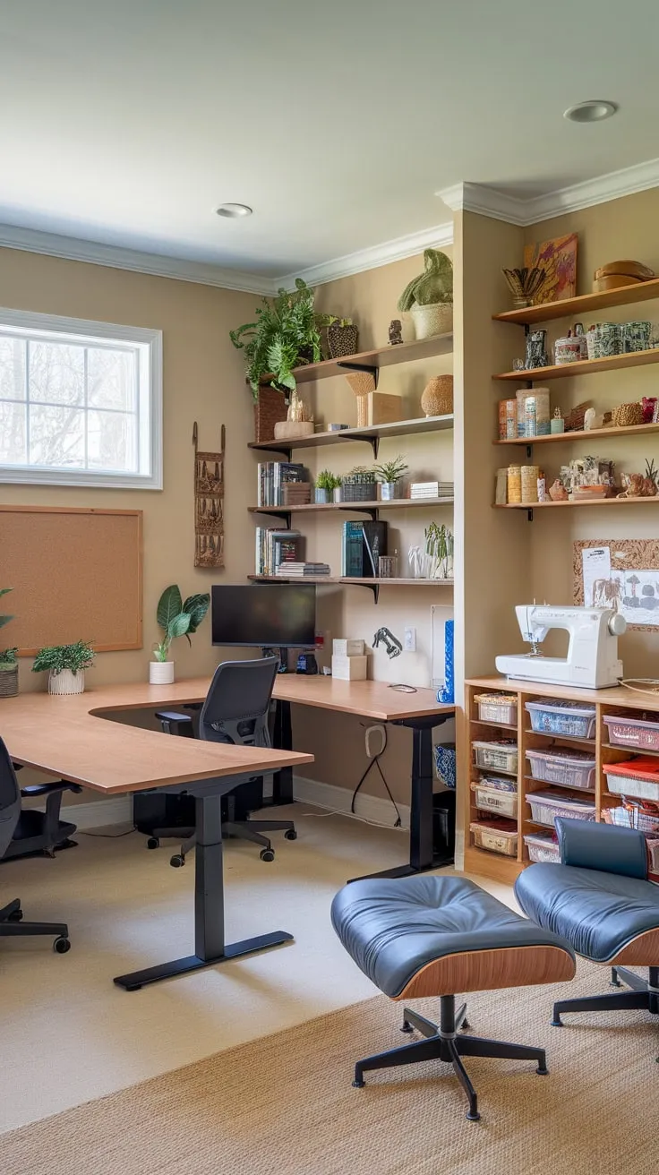 A bright beige room seamlessly blends a multi-functional home office with a well-equipped craft space, featuring diverse work surfaces, ample storage, and a relaxing lounge area.