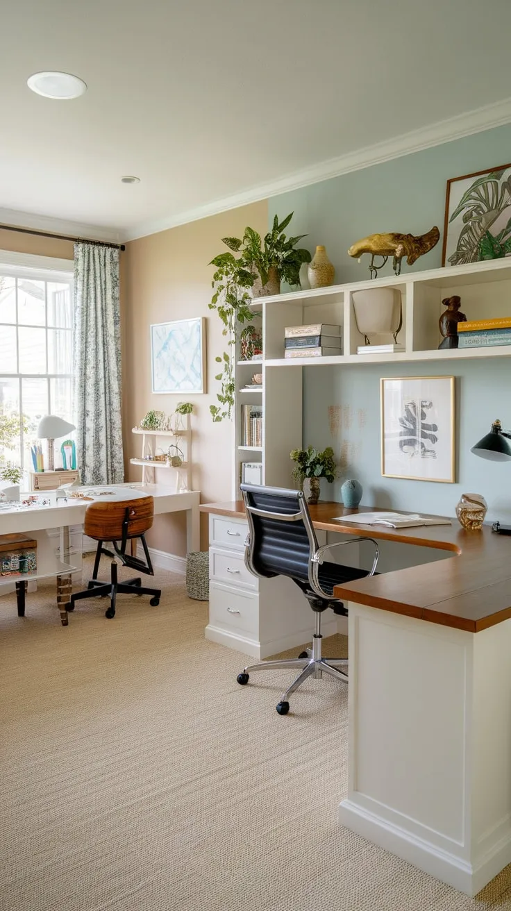 A bright and functional space seamlessly blends a U-shaped white desk office with a dedicated craft station, creating the perfect creative workspace.