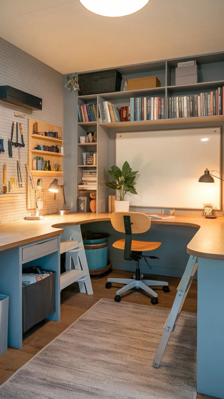 A warm, inviting home office craft room boasts a U-shaped desk, ample storage, and creative tools all within a cozy, functional space