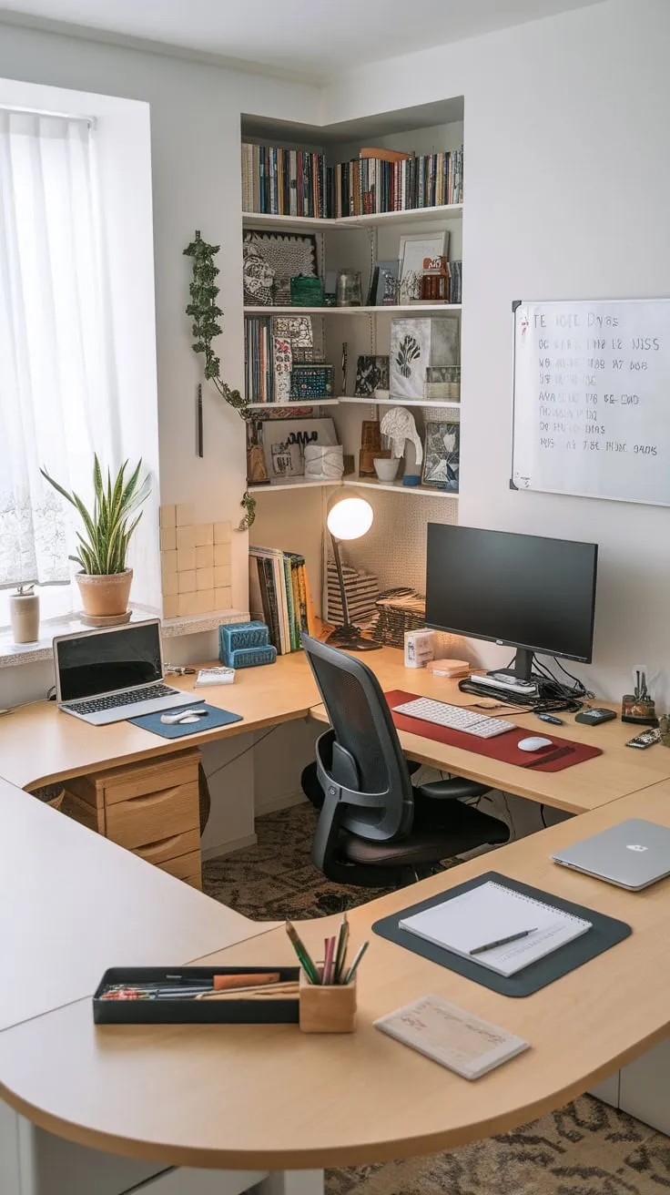 A productive and creative haven unites workspace and craft room in a stylish U-shaped desk setup, enhanced by books, plants, and a whiteboard.