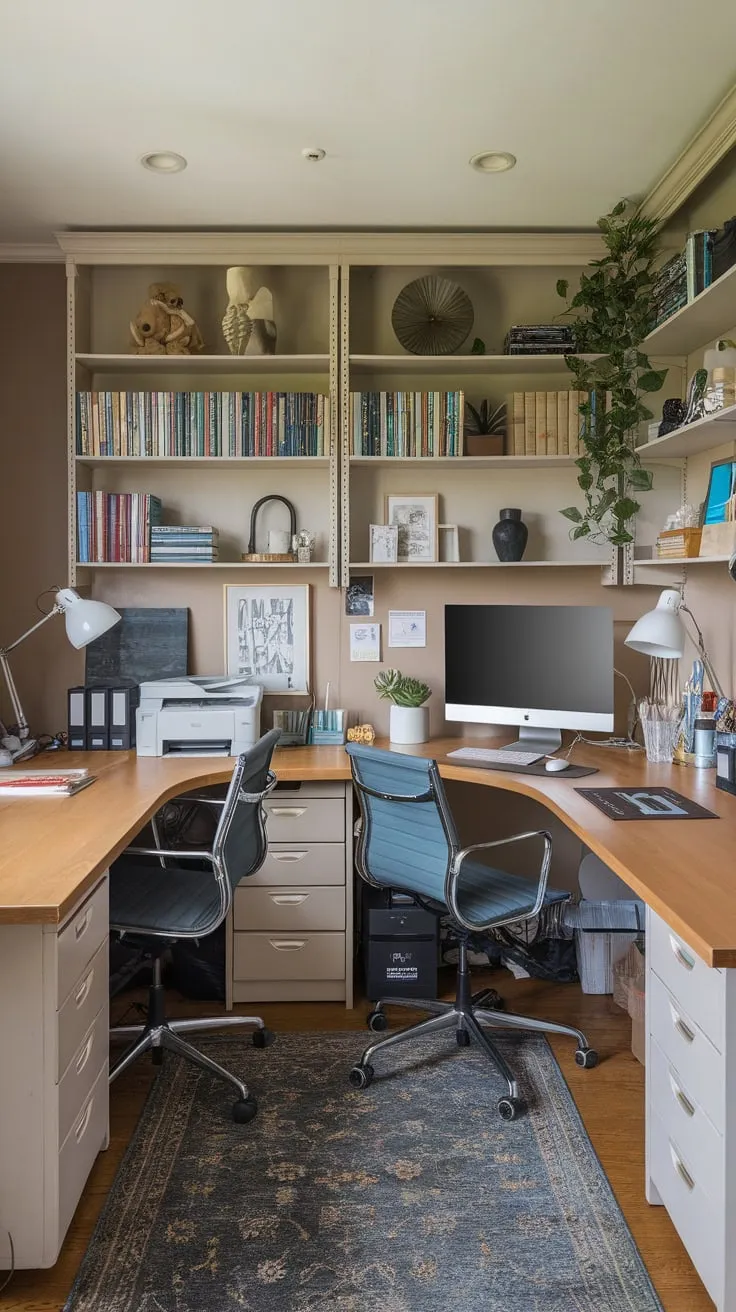 A functional and stylish home office craft room features a U-shaped desk configuration providing dedicated spaces for work and crafting, enhanced by abundant storage and calming décor.