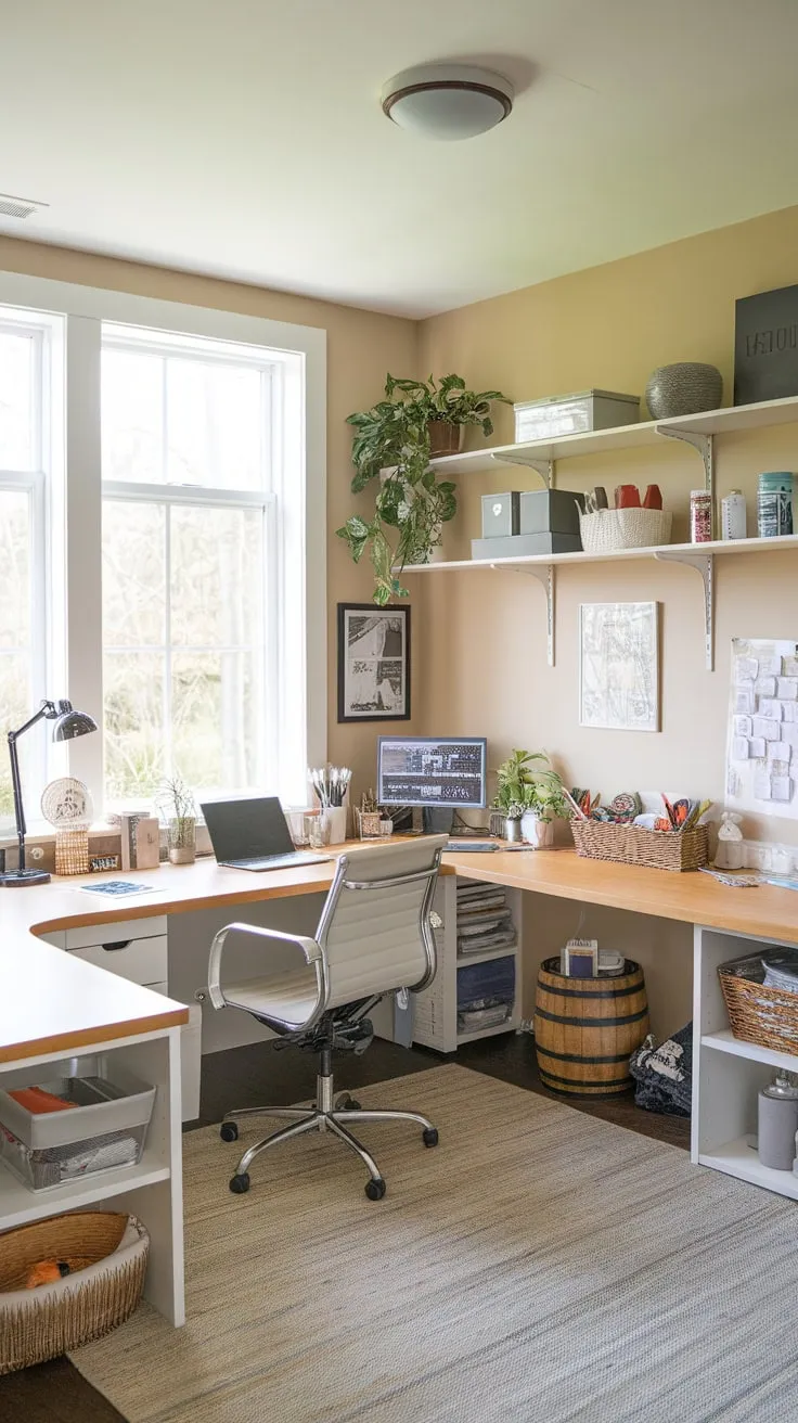A sunlit beige room seamlessly blends home office functionality with a charming craft space, featuring a U-shaped desk, ample storage, and natural light.
