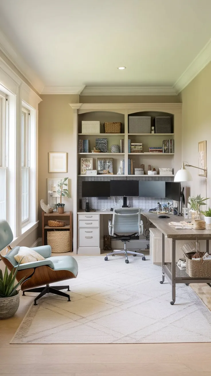 A calming neutral-toned home office seamlessly blends professional workspace with a dedicated craft area, offering both productivity and creative inspiration.