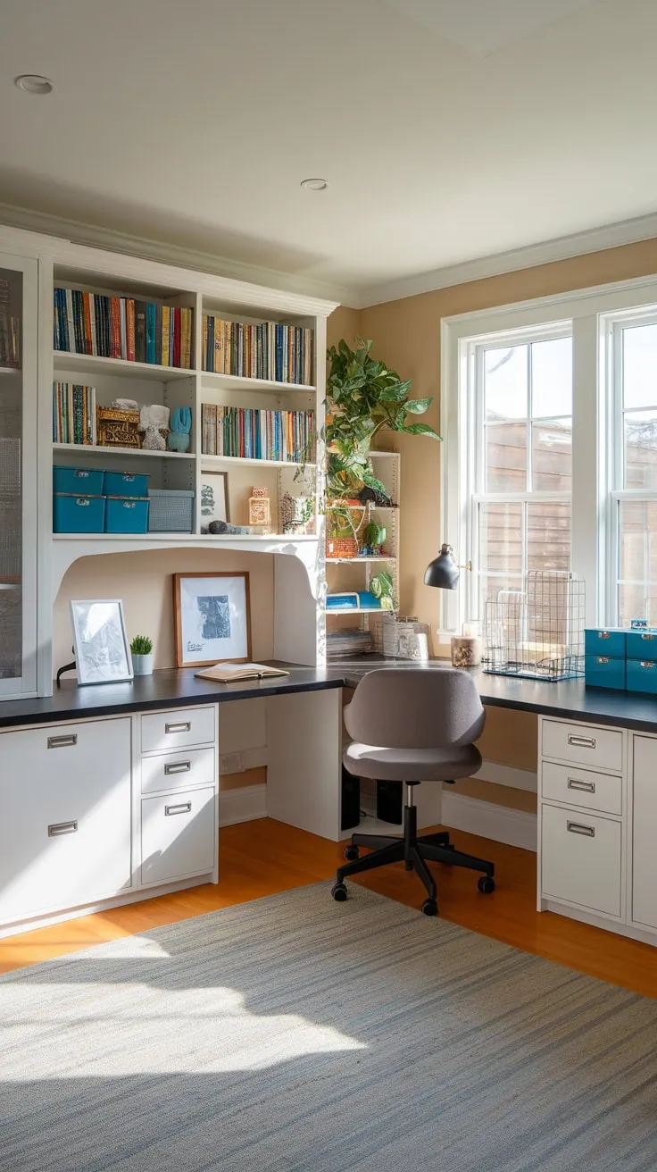 A bright home office craft room boasts a U-shaped desk, stylish storage, and natural light enhancing creativity.