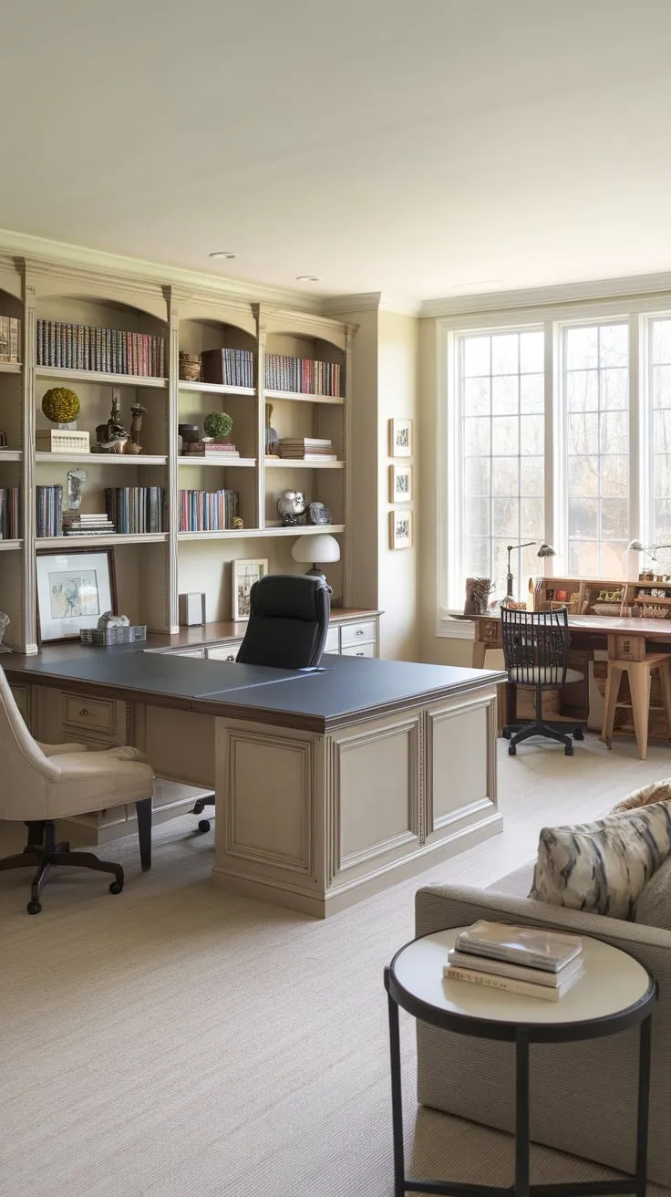 Sunlight streams into a calming space where work, crafting, and relaxation effortlessly coexist, anchored by a central U-shaped desk.