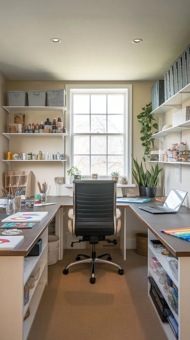 A U-shaped desk blends home office efficiency with a creative craft space bathed in natural light, fostering a comfortable and productive atmosphere.