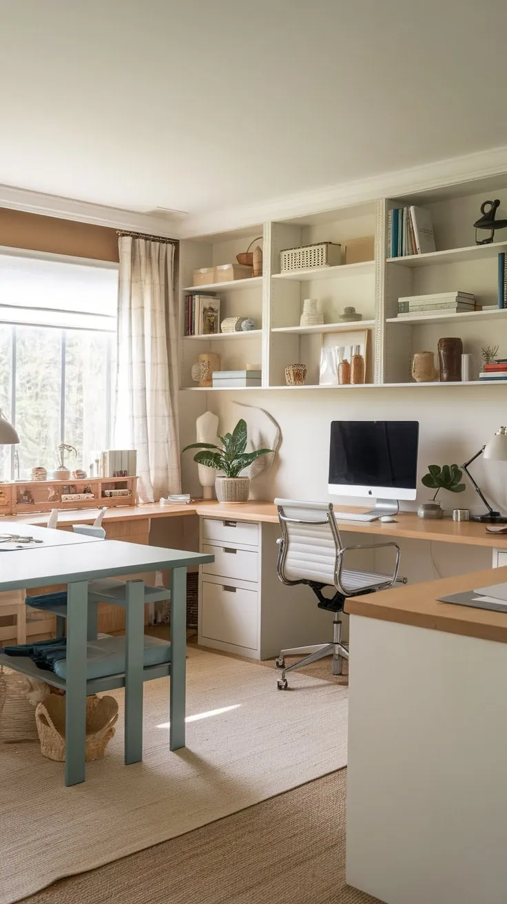 A serene home office seamlessly blends professional workspace with a dedicated craft area, offering a calming neutral aesthetic and ample natural light.