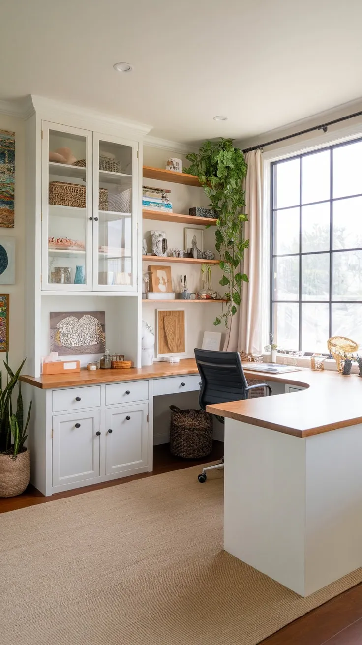 A bright home office craft room boasts a U-shaped desk, ample natural light, and stylish storage showcasing creative supplies.