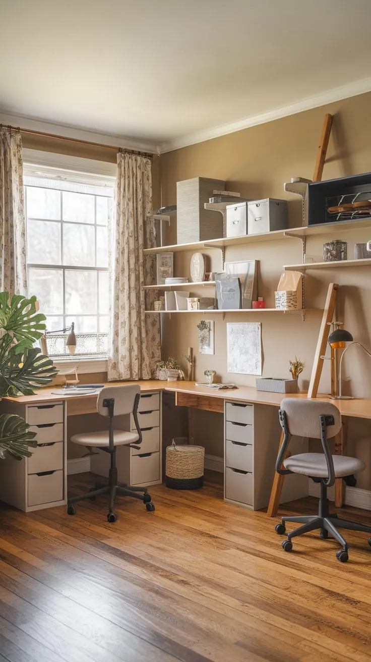 A cozy beige-walled craft room boasts a U-shaped desk setup, ample storage, and natural light, perfect for creative work and home office needs