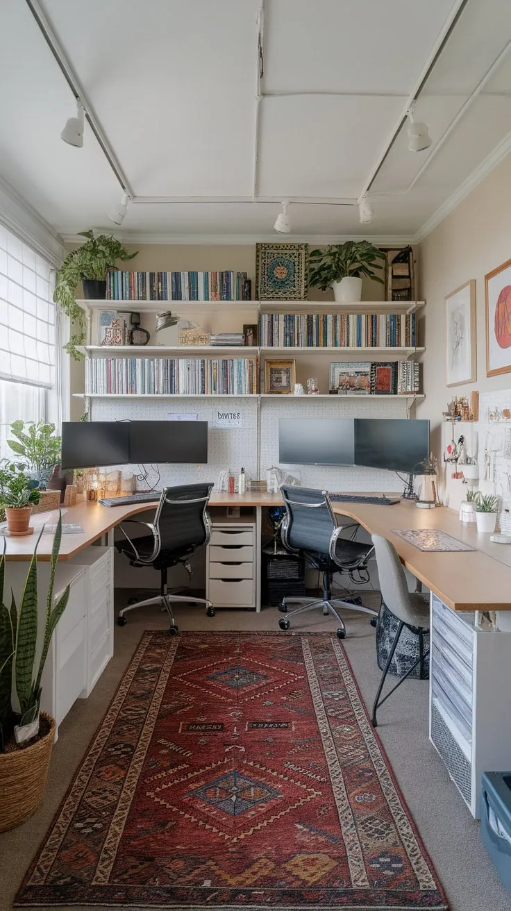 A U-shaped desk, multiple monitors, and a dedicated craft area transform this home office into a creative haven.