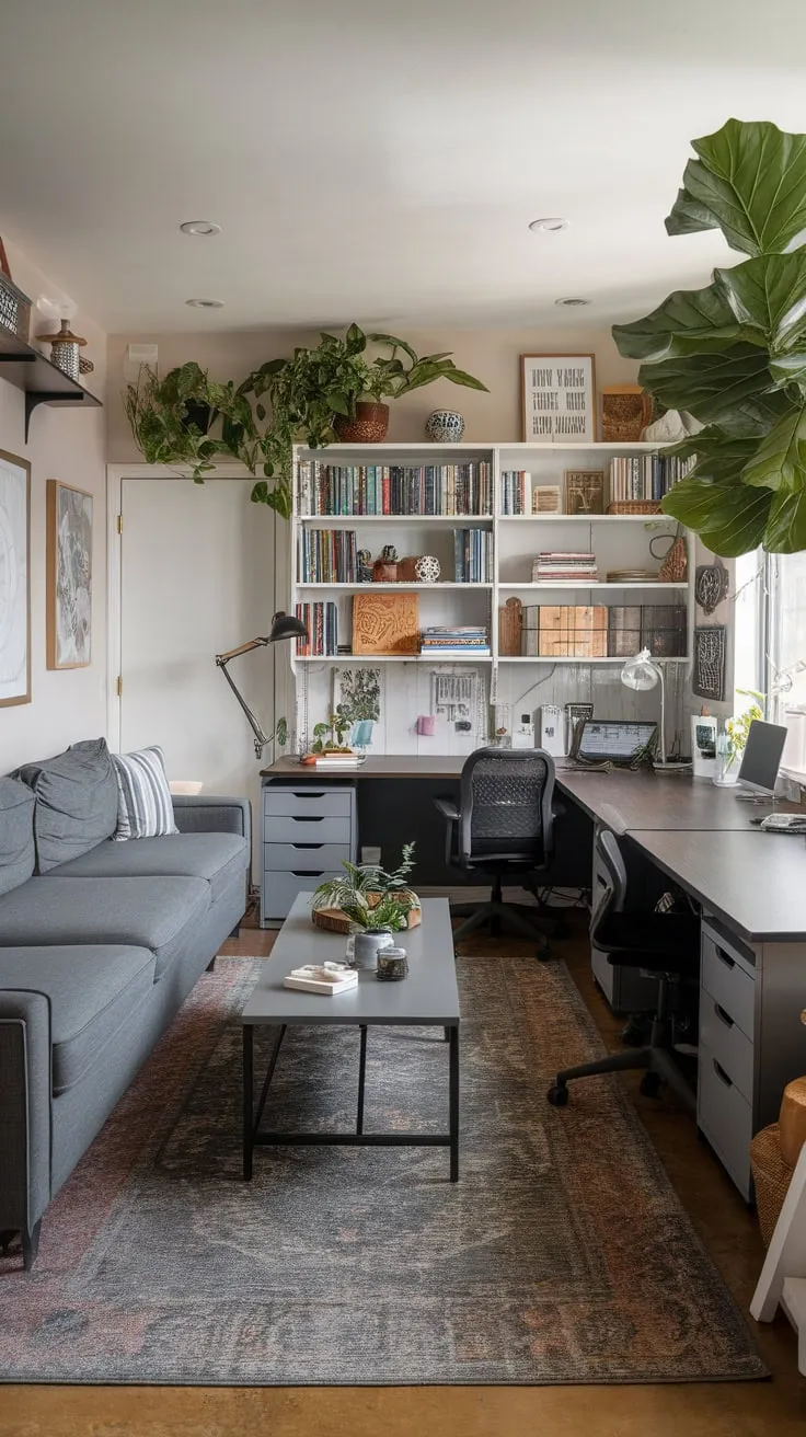 Blending work and creativity, a U-shaped desk anchors a home office craft room, complemented by a relaxing seating area and inspiring décor.