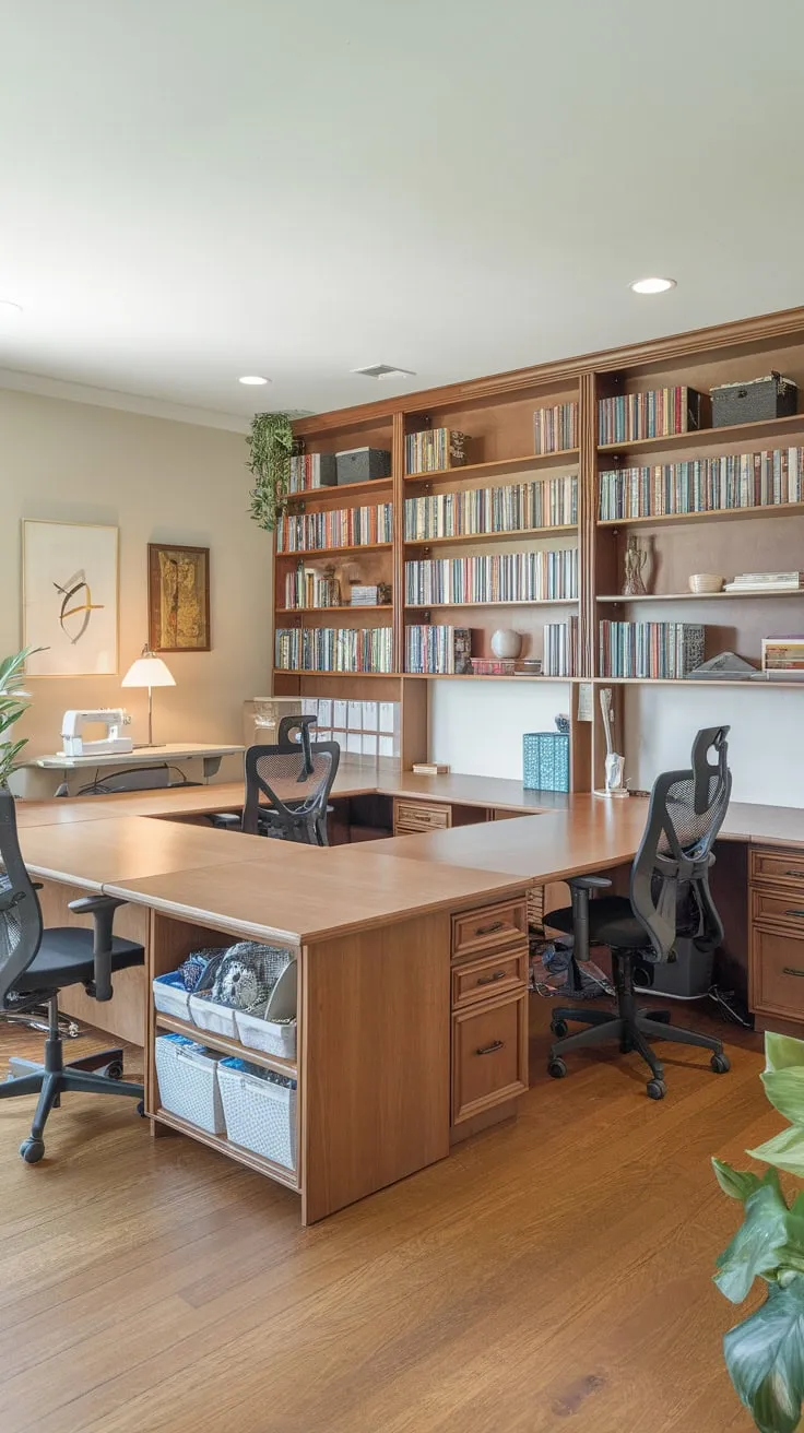 A bright home office seamlessly blends work and crafting with a spacious U-shaped desk, ergonomic seating, and dedicated craft station.