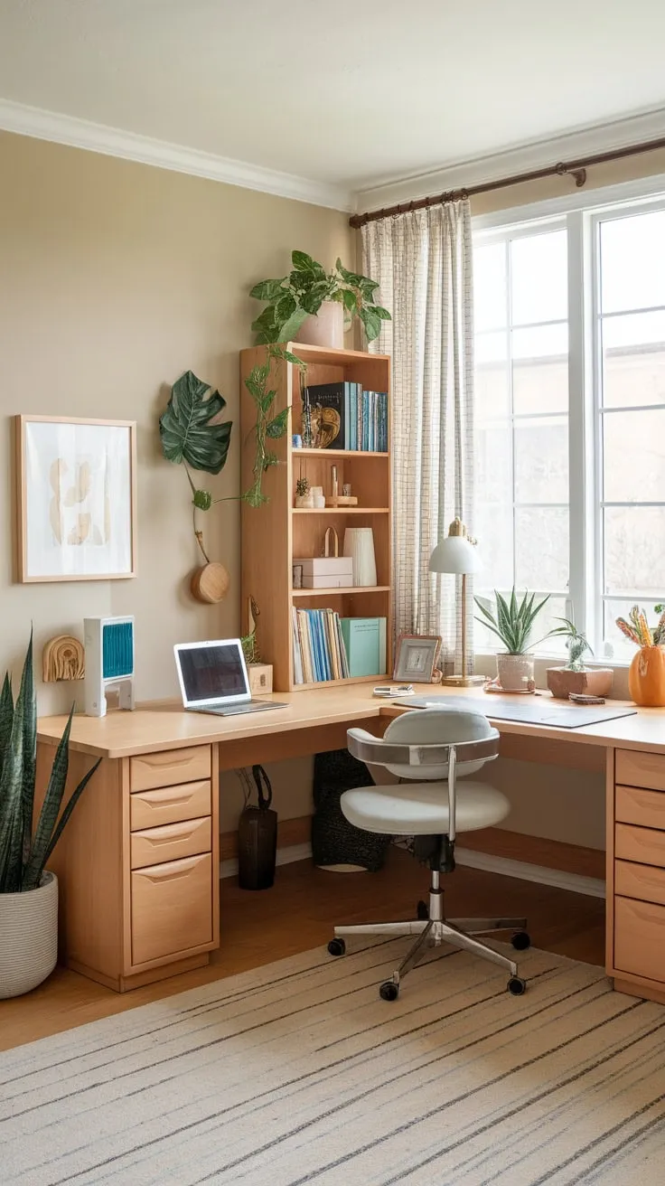 Beige walls and wood floors complement a functional workspace blending office and crafting essentials.