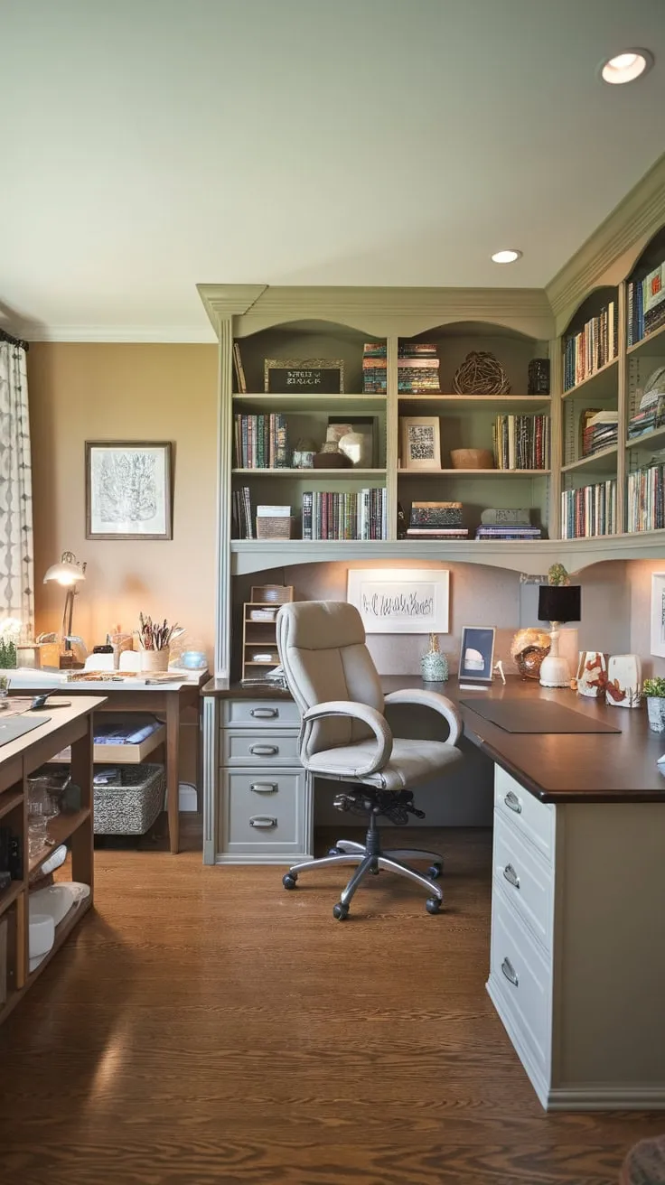 A U-shaped desk anchors a harmonious home office and craft room boasting hardwood floors soft lighting and ample space for both work and creative pursuits