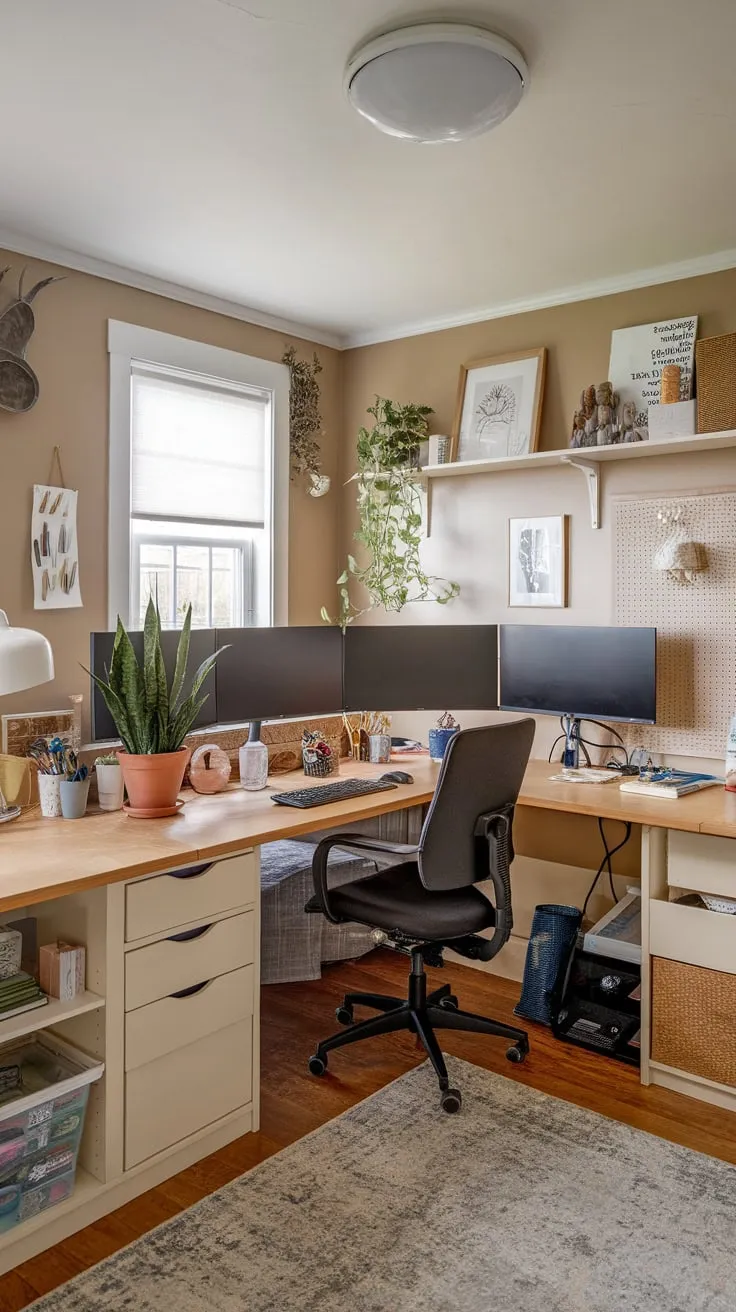 A beige-walled haven blends productive home office functionality with creative craft space, featuring a U-shaped desk, ample supplies, and inspiring natural light.