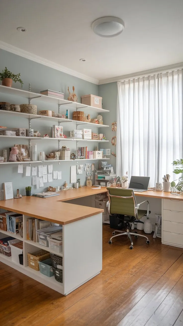 A light grey home office craft room boasts a U-shaped desk, white bookshelf overflowing with supplies, and a large window, seamlessly blending work and creativity.