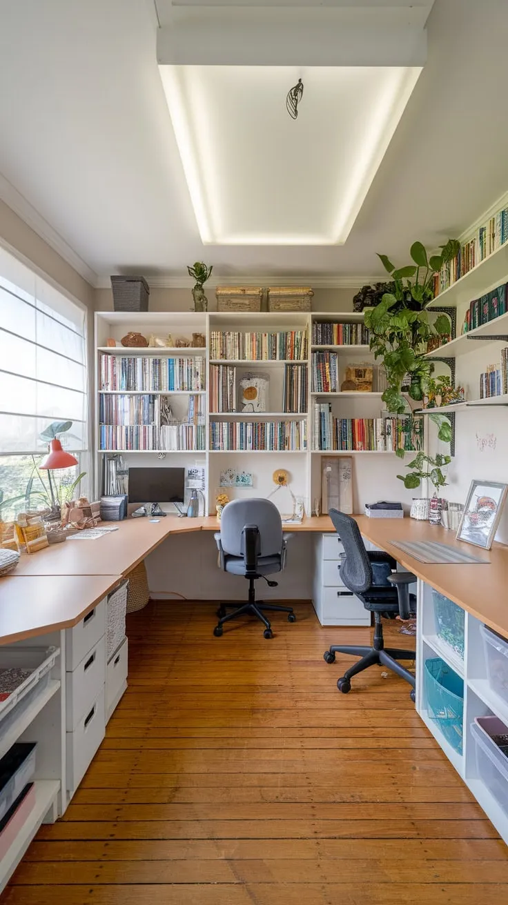 Natural light floods a functional U-shaped home office and craft room, blending work and creativity in a warm, personalized space.