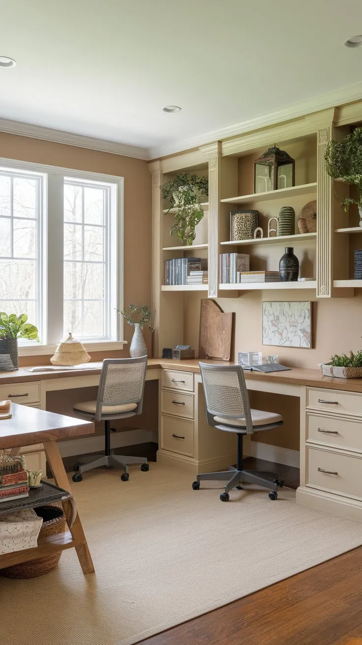 A functional and stylish U-shaped desk anchors a combined home office and craft room, complete with hardwood floors, charming décor, and a dedicated crafting area.