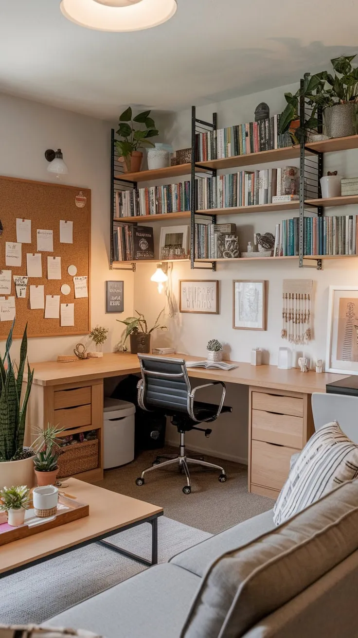 A warm inviting home office and craft room seamlessly blends workspace efficiency with creative inspiration, featuring a U-shaped desk, comfy seating, and abundant storage.