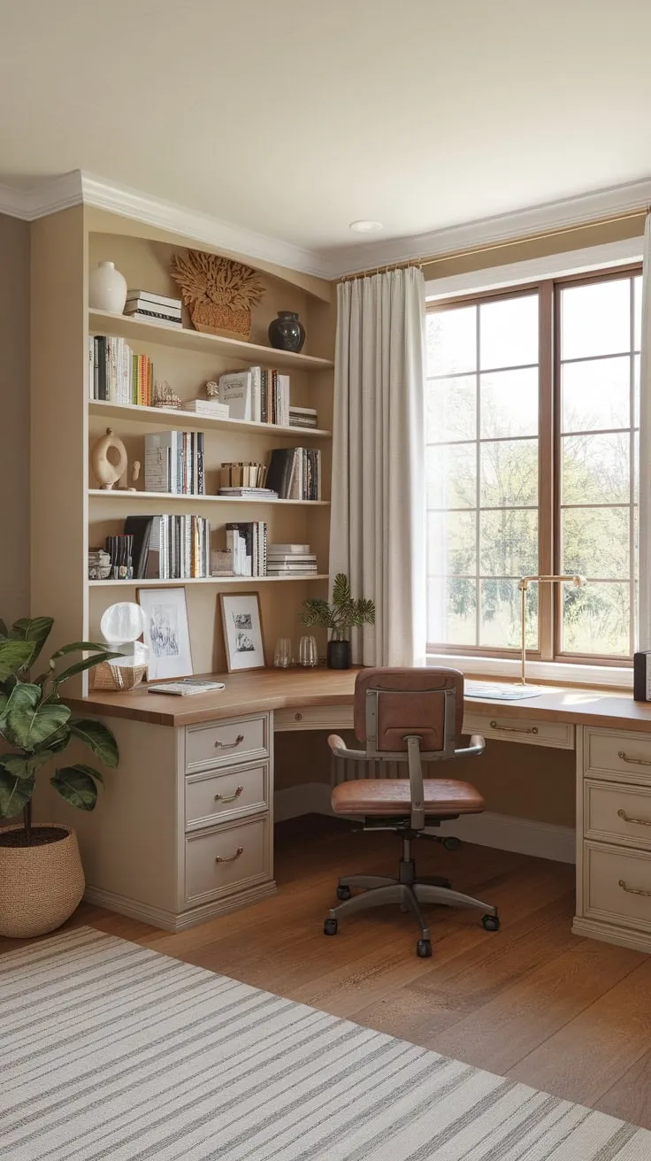 Natural light floods a cozy home office craft room featuring a U-shaped desk, built-in bookshelves, and a comfortable workspace.