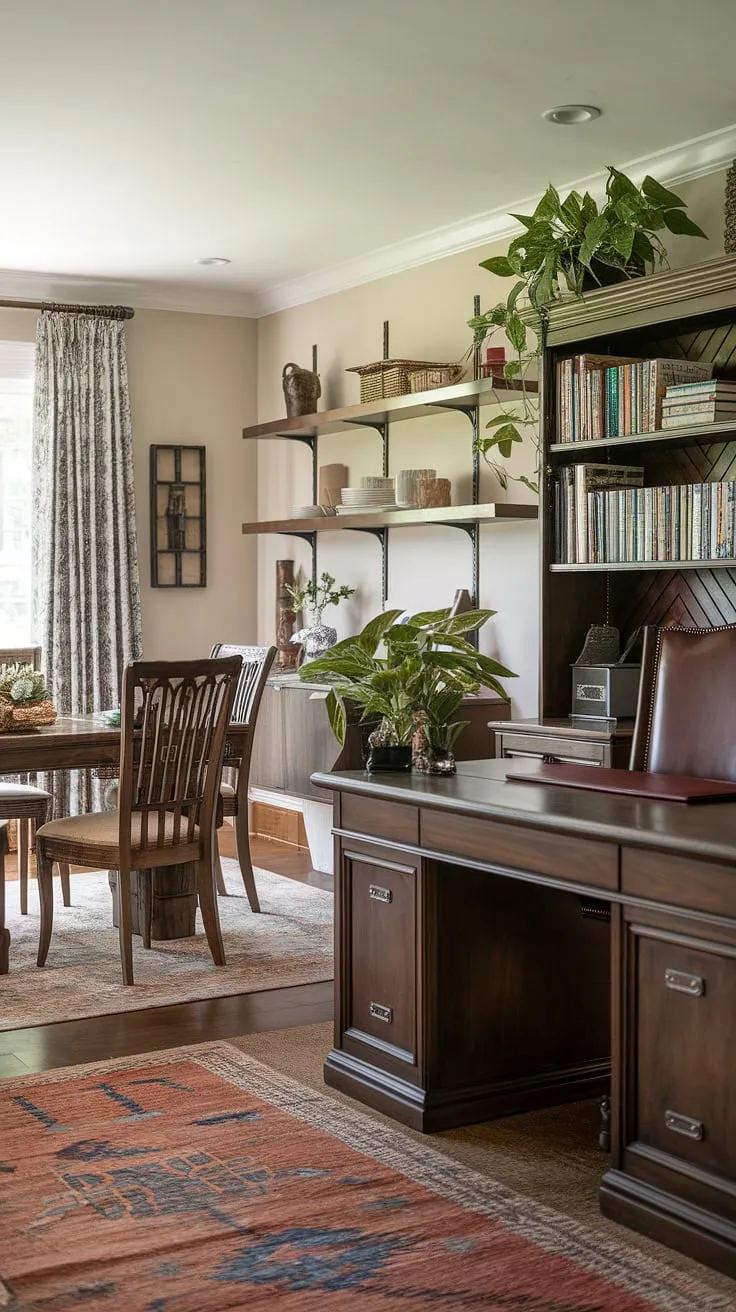 This traditional home office dining room combo seamlessly blends work and family life. The interior design office space, tucked neatly into the stylish dining room, creates a functional and aesthetically pleasing homeschool room, perfect for balancing productivity and togetherness.  The office in dining room setup is a testament to clever space planning.