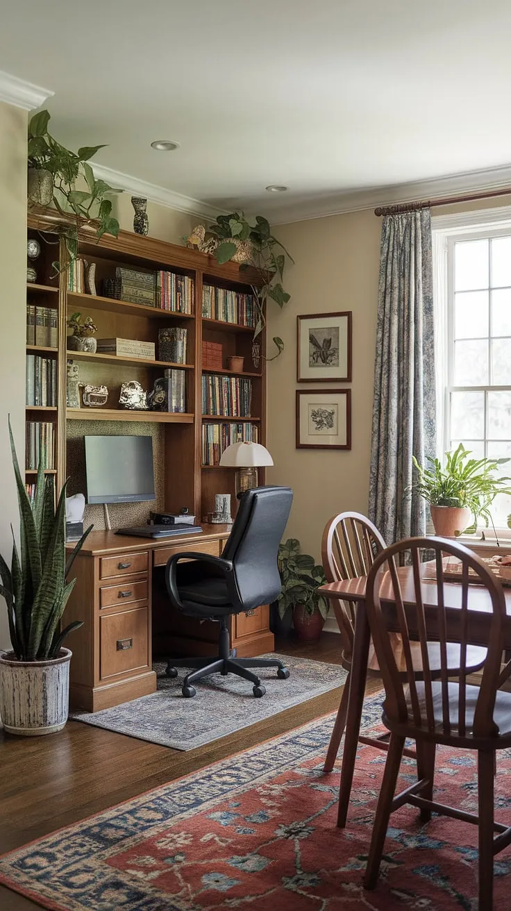 This traditional home office dining room combo seamlessly blends work and family life. The interior design office space, tucked neatly in the corner, offers a quiet workspace, while the stylish dining room near the window provides a welcoming atmosphere for meals and family time.  Perfect for those needing a dedicated homeschool room or simply a functional and elegant space.