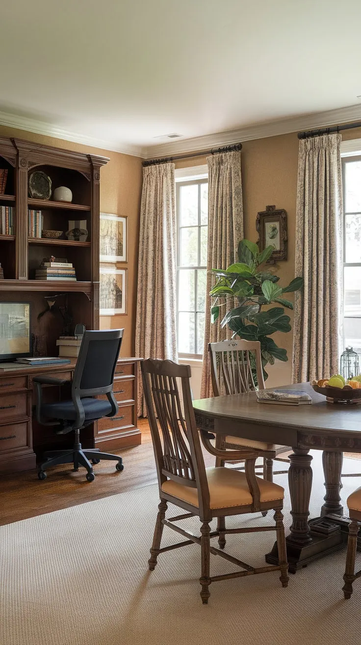 Transforming a space into a versatile home office dining room combo? This design showcases how an office in dining room can be both efficient and aesthetically pleasing.  The traditional home office elements complement the stylish dining room, creating a functional and inviting dining room office combo ideal for a homeschool room or anyone needing a dedicated workspace.