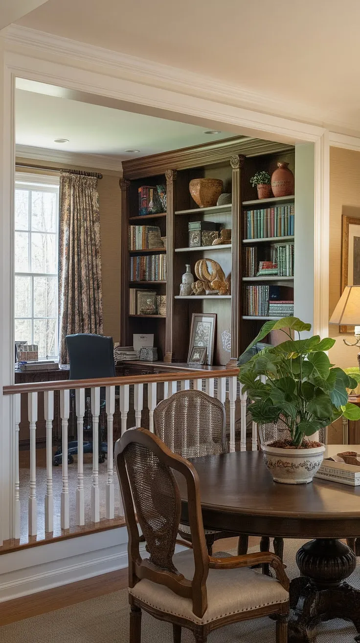 A charming office in dining room solution! This dining room office combo showcases clever space planning in a traditional home office setting. The railing subtly separates the workspace from the stylish dining room, creating a versatile and efficient area ideal for homeschooling or simply combining work and family life.