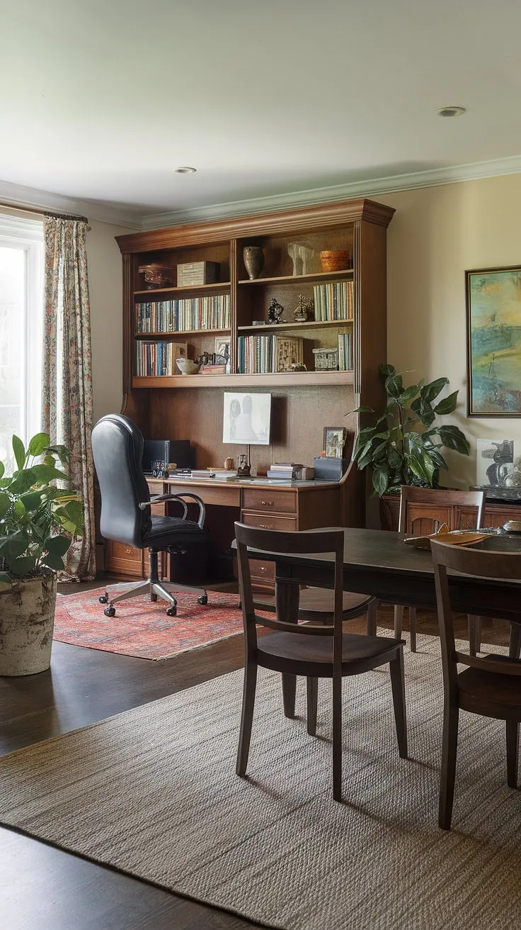 This home office dining room combo seamlessly blends functionality and style.  The traditional home office tucked in the corner, complete with a dedicated desk and bookshelf, effortlessly complements the stylish dining room, creating a versatile space perfect for work, meals, and even homeschooling.  The interior design office space is a testament to efficient use of space.