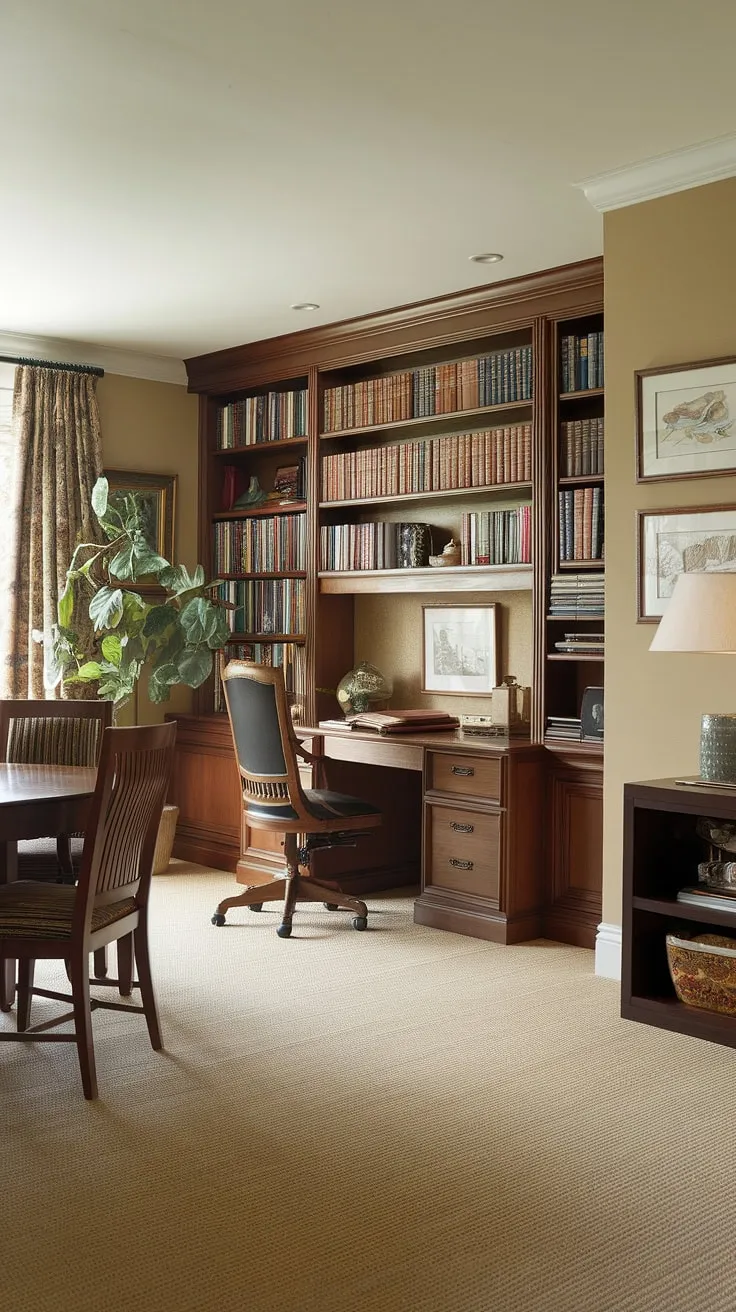 Create a harmonious home environment with this dining room office combo.  The traditional home office features a dedicated workspace without sacrificing valuable living space.  This interior design office space is ideal for homeschooling, offering a dedicated area for both work and family meals in a stylish dining room setting.