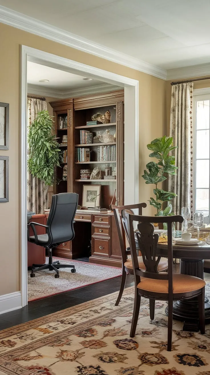 Maximize your space with this stylish guest room office. This guest bedroom office design cleverly combines a functional workspace with a relaxing entertainment area, showcasing the best of modern home offices.  Whether you need a small home offices solution or a sophisticated living room office combo, this minimalist home office design offers a chic and efficient approach to a guest bedroom home office.