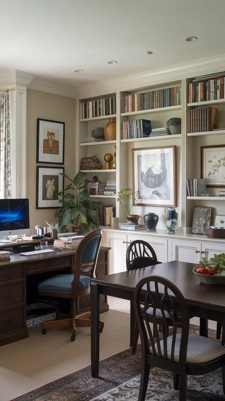 This traditional home office dining room combo seamlessly blends functionality and style. The interior design office space, cleverly integrated into the stylish dining room, creates a versatile area perfect for both work and family meals.  A dedicated workspace, complete with a computer and ample supplies, sits comfortably alongside the dark wooden dining table, making it an ideal homeschool room too.