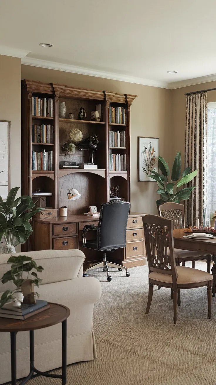 Transform your guest room into a stylish and functional guest bedroom home office, or create a serene home office tv room combo. This minimalist design proves that even small home offices can be both productive and aesthetically pleasing.  Ideal for a guest bedroom office or a living room office combo, this space effortlessly blends work and relaxation.