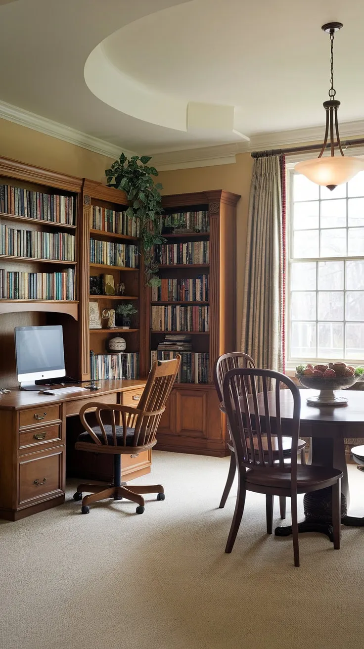 Maximize your space with this clever guest room office design.  This small home offices solution cleverly combines a comfortable workspace with a relaxing seating area, making it ideal as a living room office combo, bedroom office combo, or guest bedroom home office. The minimalist aesthetic and mounted TV elevate this guest bedroom office into a sophisticated modern home offices haven.